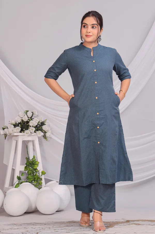 Blue_Khadi_Cotton_Ethnic_Kurta_And_Pant_Set_|_Push_Premium_For_Women