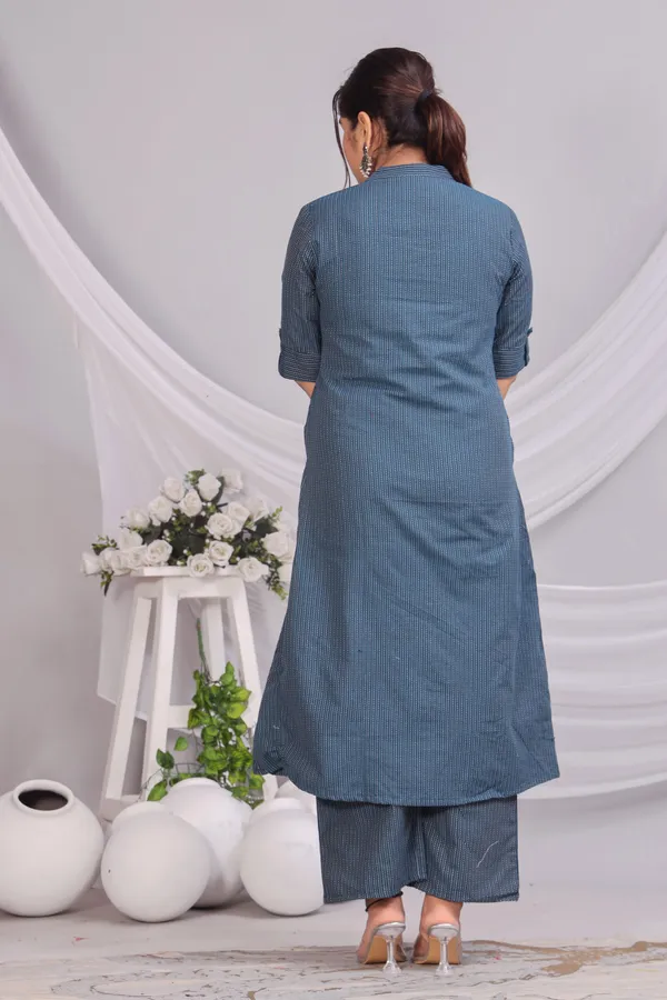 Blue_Khadi_Cotton_Ethnic_Kurta_And_Pant_Set_|_Push_Premium_For_Women