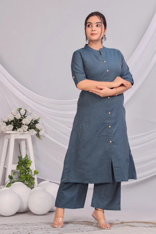 Blue_Khadi_Cotton_Ethnic_Kurta_And_Pant_Set_|_Push_Premium_For_Women