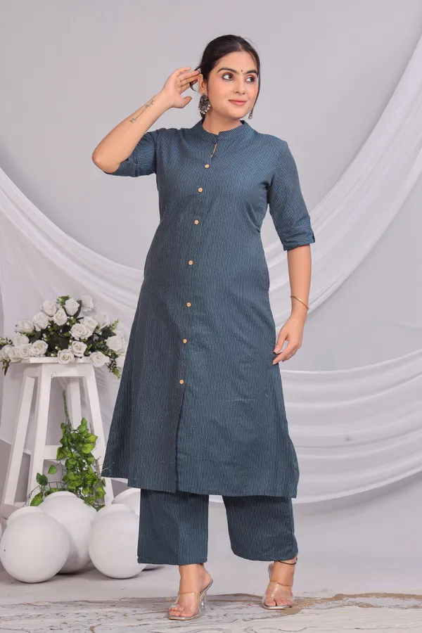 Blue_Khadi_Cotton_Ethnic_Kurta_And_Pant_Set_|_Push_Premium_For_Women