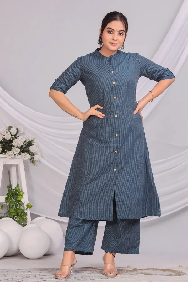 Blue_Khadi_Cotton_Ethnic_Kurta_And_Pant_Set_|_Push_Premium_For_Women
