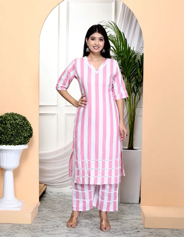 White_&_Pink_Stripe_Solid_Handloom_Cotton_Kurta_Palazzo