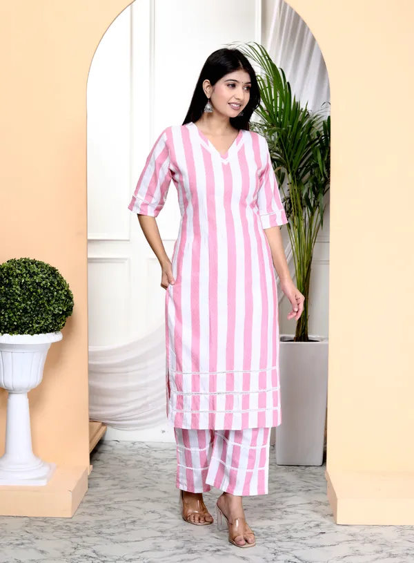 White_&_Pink_Stripe_Solid_Handloom_Cotton_Kurta_Palazzo