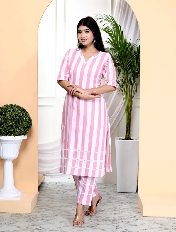 White_&_Pink_Stripe_Solid_Handloom_Cotton_Kurta_Palazzo