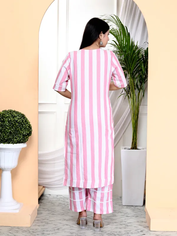 White_&_Pink_Stripe_Solid_Handloom_Cotton_Kurta_Palazzo