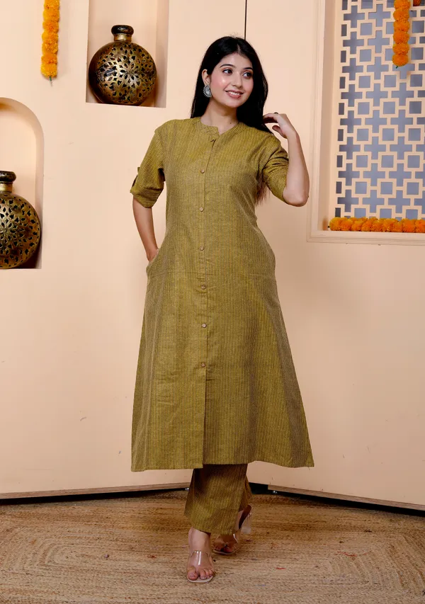 Mahendi_Green_Khadi_Cotton_Ethnic_Kurta_And_Pant_Set_|_Push_Premium_For_Women