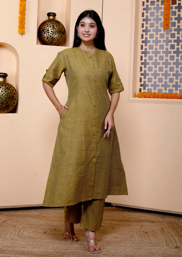Mahendi_Green_Khadi_Cotton_Ethnic_Kurta_And_Pant_Set_|_Push_Premium_For_Women