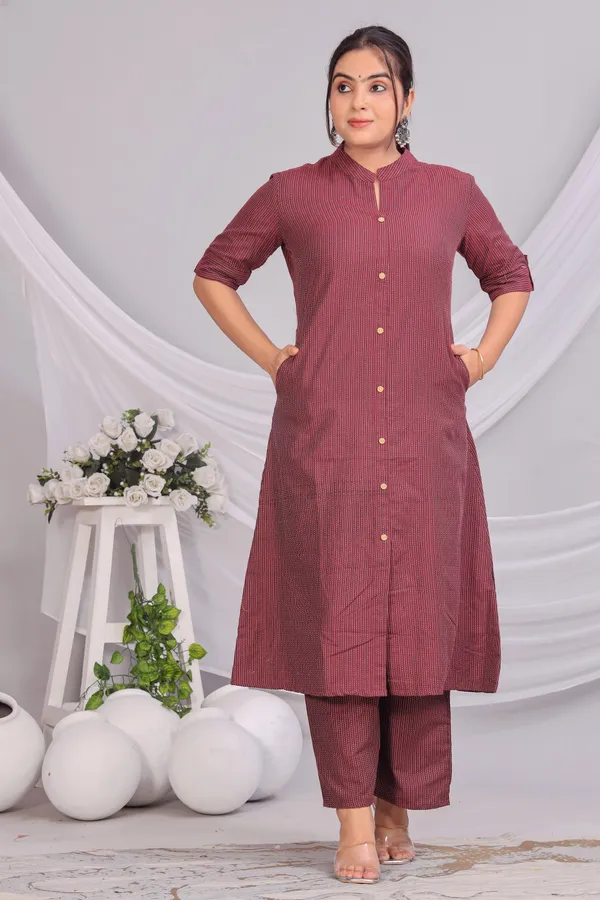 Maroon_Khadi_Cotton_Ethnic_Kurta_And_Pant_Set_|_Push_Premium_For_Women