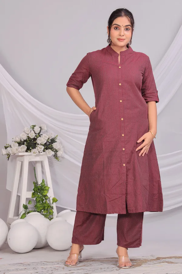 Maroon_Khadi_Cotton_Ethnic_Kurta_And_Pant_Set_|_Push_Premium_For_Women