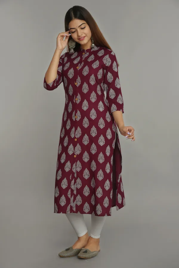 Maroon_Morpankh_Khadi_Print_Rayon_Kurta_|_Push_Premium_For_Women