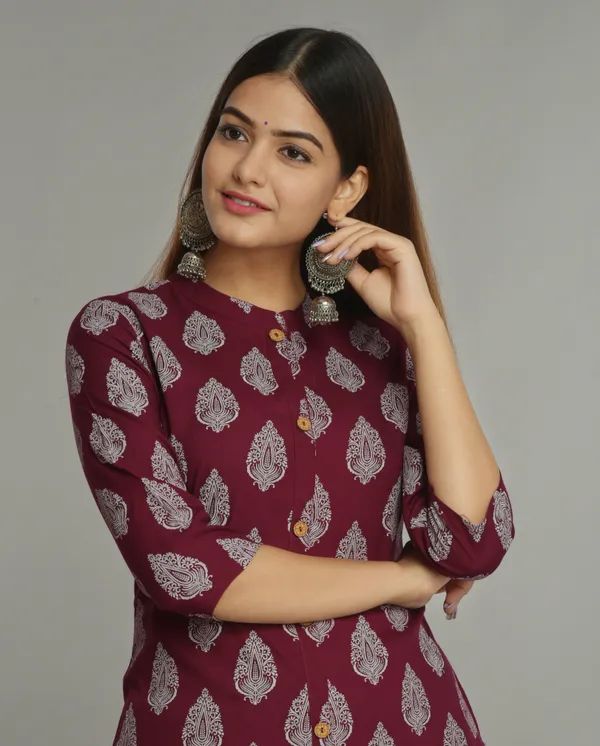 Maroon_Morpankh_Khadi_Print_Rayon_Kurta_|_Push_Premium_For_Women