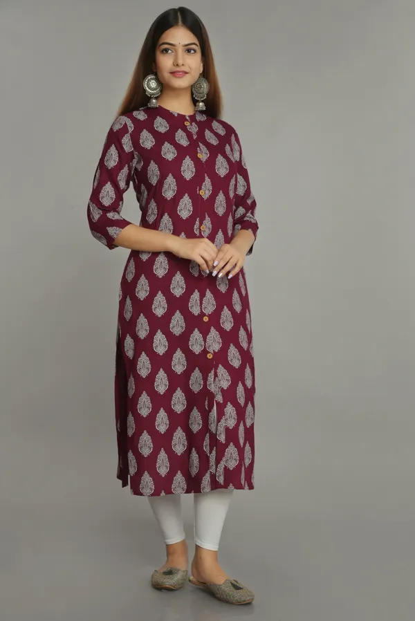 Maroon_Morpankh_Khadi_Print_Rayon_Kurta_|_Push_Premium_For_Women