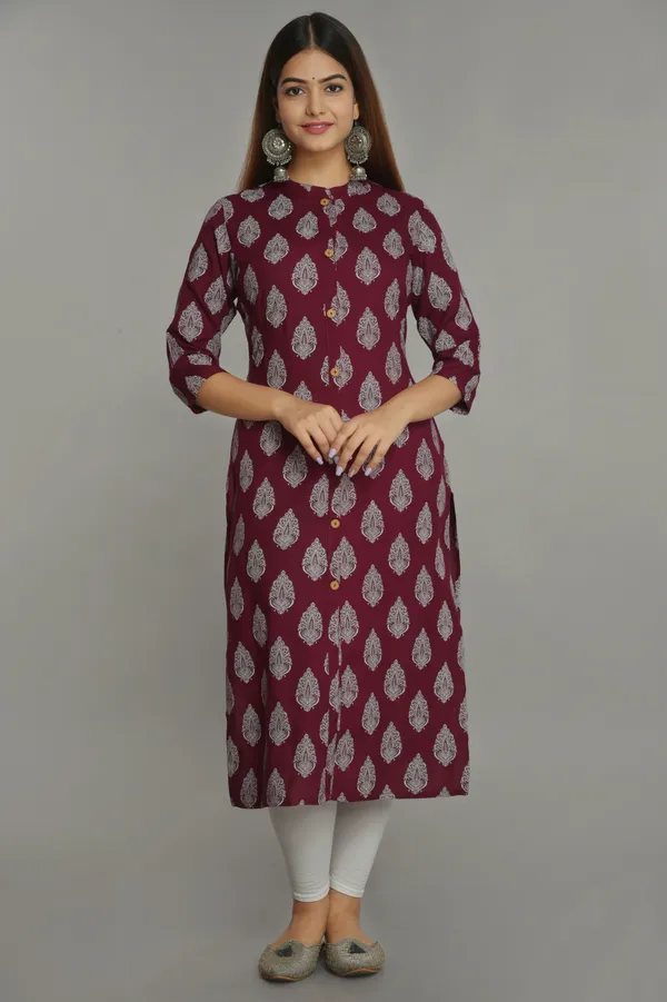 Maroon_Morpankh_Khadi_Print_Rayon_Kurta_|_Push_Premium_For_Women