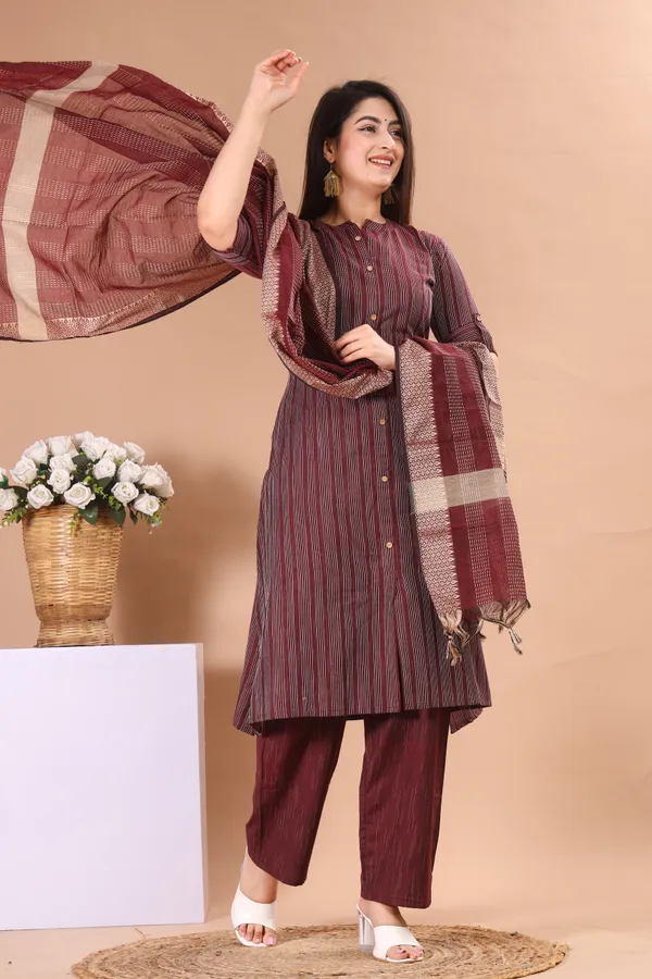 Maroon_Khadi_Cotton_Kurta_And_Pant_Set_With_Dupatta_|_Push_Premium_For_Women