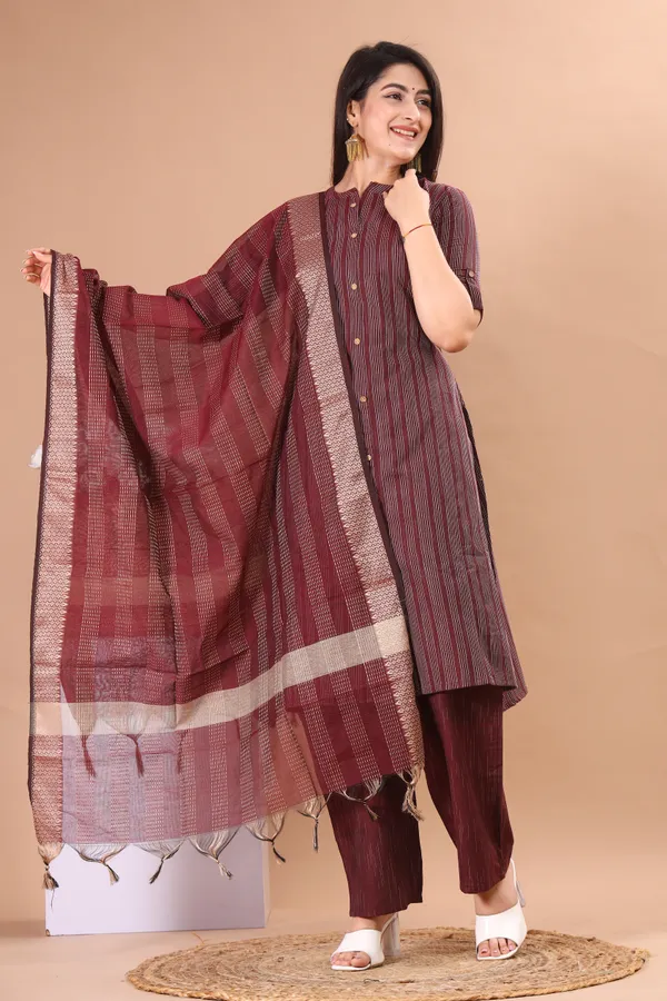 Maroon_Khadi_Cotton_Kurta_And_Pant_Set_With_Dupatta_|_Push_Premium_For_Women