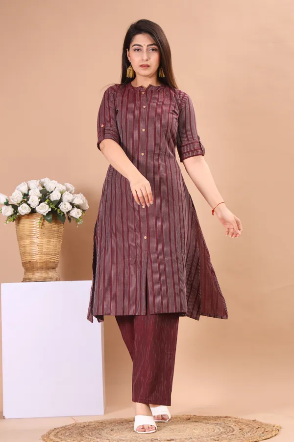 Maroon_Khadi_Cotton_Kurta_And_Pant_Set_With_Dupatta_|_Push_Premium_For_Women
