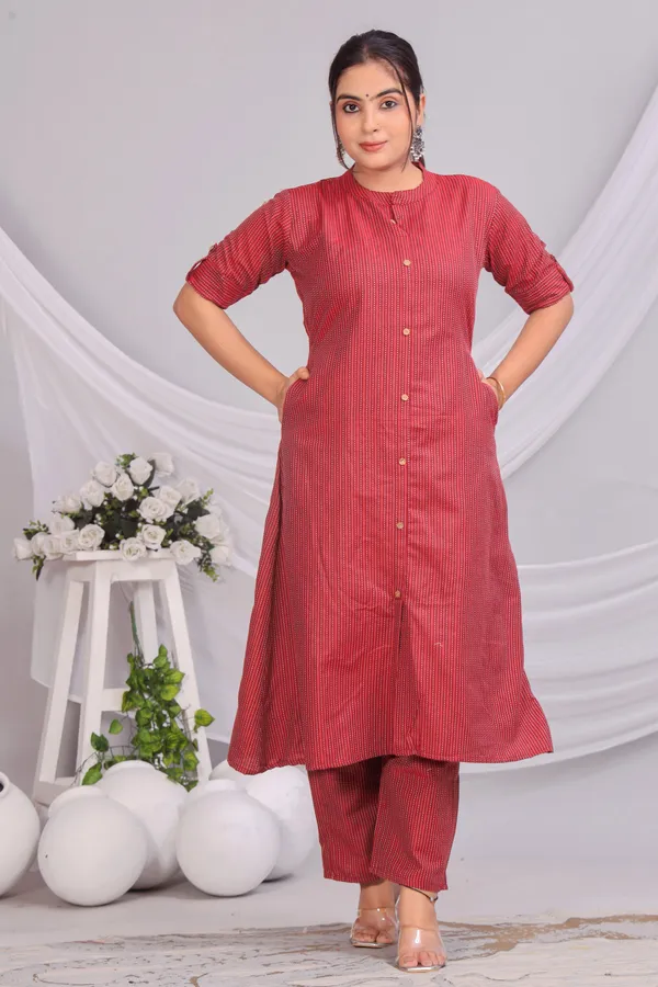 Red_Khadi_Cotton_Ethnic_Kurta_And_Pant_Set_For_Women