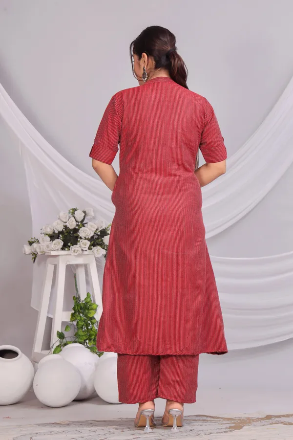 Red_Khadi_Cotton_Ethnic_Kurta_And_Pant_Set_For_Women