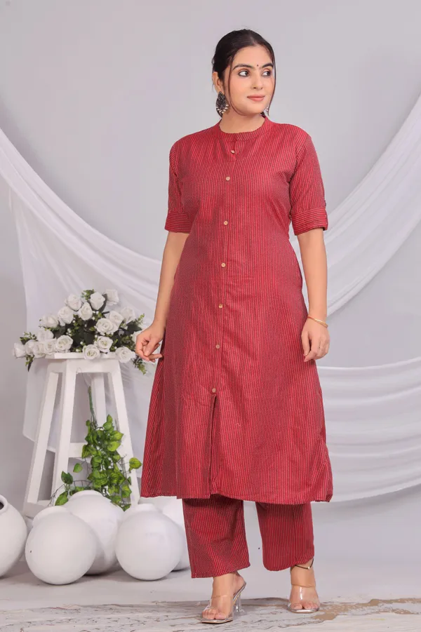 Red_Khadi_Cotton_Ethnic_Kurta_And_Pant_Set_For_Women