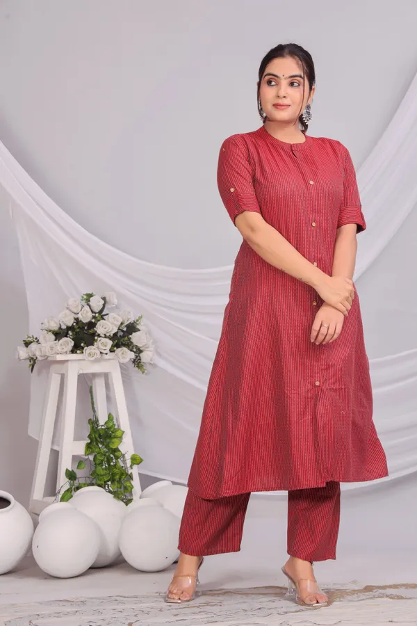 Red_Khadi_Cotton_Ethnic_Kurta_And_Pant_Set_For_Women