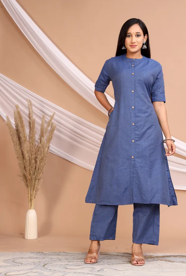 Blue_Khadi_Cotton_Ethnic_Kurta_And_Pant_Set_For_Women