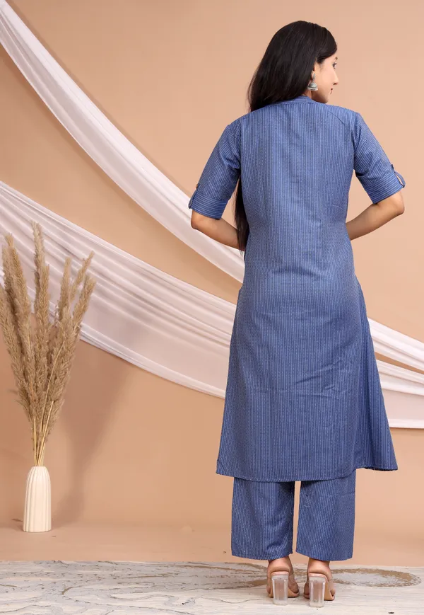 Blue_Khadi_Cotton_Ethnic_Kurta_And_Pant_Set_For_Women