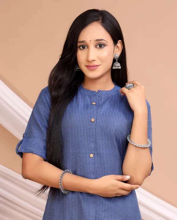 Blue_Khadi_Cotton_Ethnic_Kurta_And_Pant_Set_For_Women