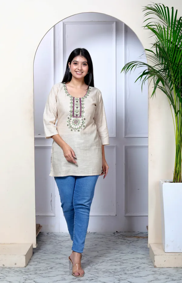 Beige_Embroidered_Khadi_Kurta_Top/Short_Kurti_For_Women