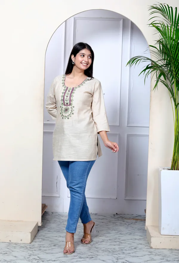 Beige_Embroidered_Khadi_Kurta_Top/Short_Kurti_For_Women