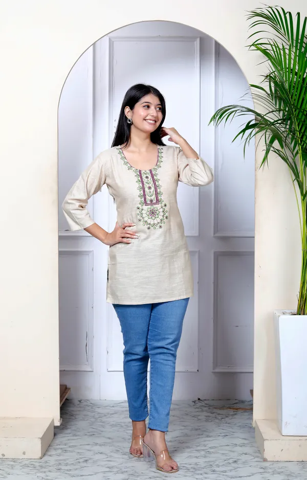 Beige_Embroidered_Khadi_Kurta_Top/Short_Kurti_For_Women