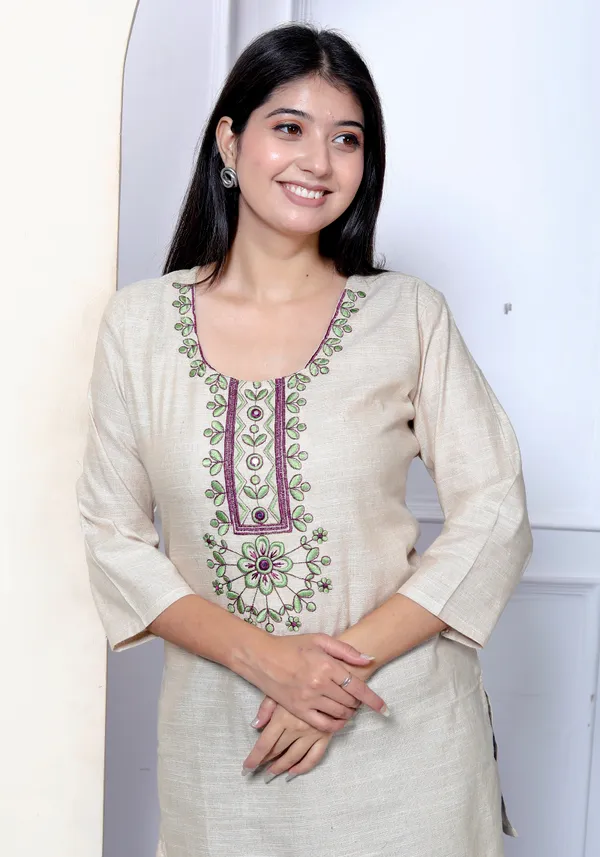 Beige_Embroidered_Khadi_Kurta_Top/Short_Kurti_For_Women