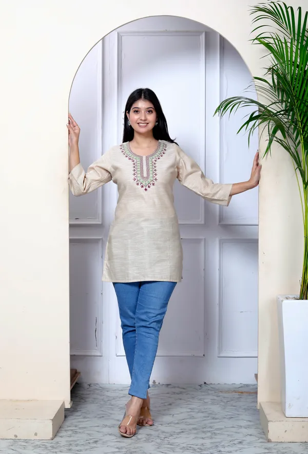 Beige_Embroidered_Khadi_Kurta_Top/Short_Kurti_For_Women