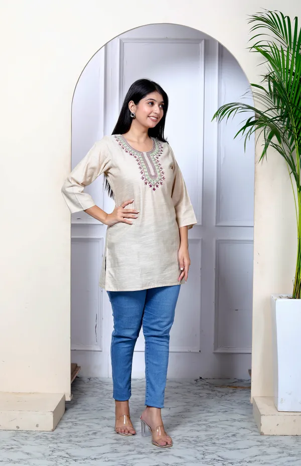 Beige_Embroidered_Khadi_Kurta_Top/Short_Kurti_For_Women