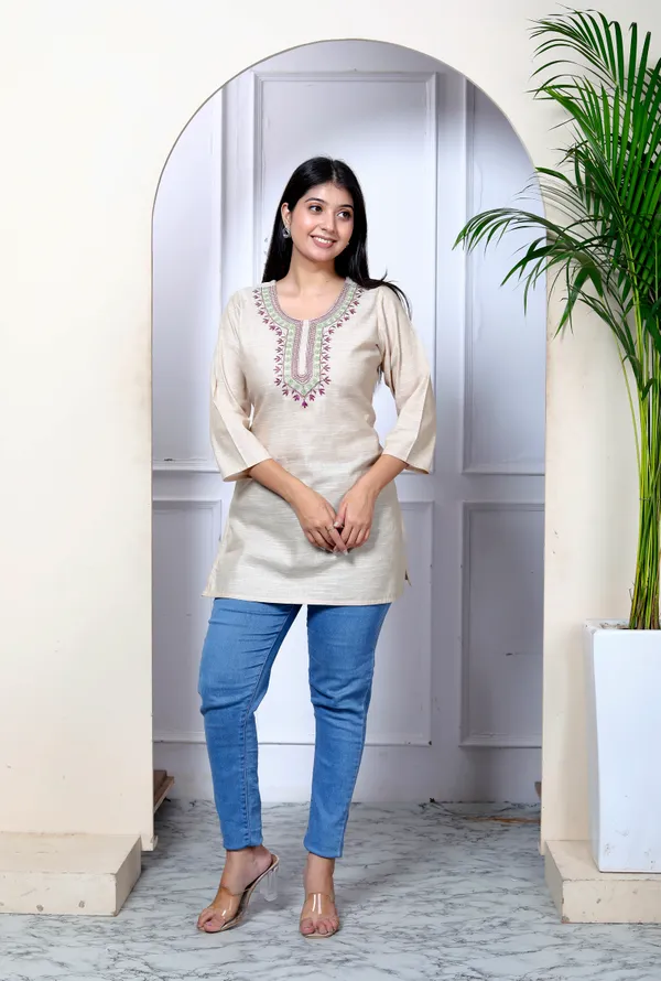 Beige_Embroidered_Khadi_Kurta_Top/Short_Kurti_For_Women