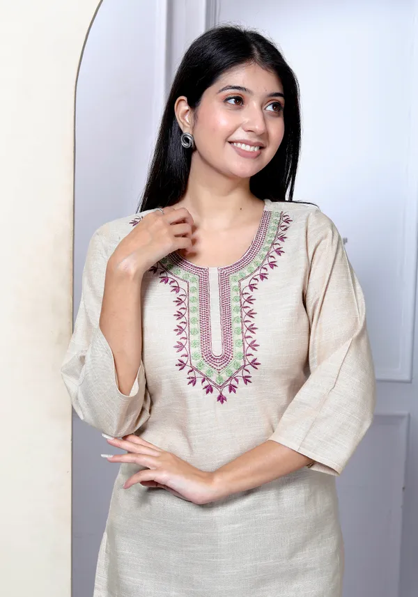 Beige_Embroidered_Khadi_Kurta_Top/Short_Kurti_For_Women