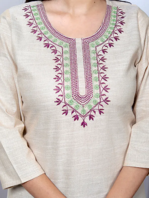 Beige_Embroidered_Khadi_Kurta_Top/Short_Kurti_For_Women