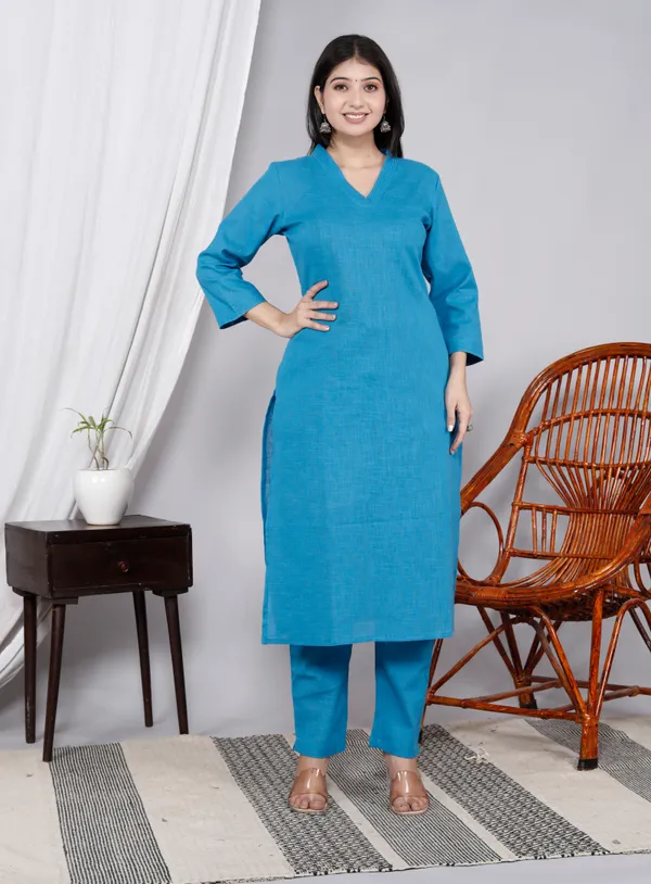 Blue_Slub_Kurta_Pant_Set_For_Women_&_Girls