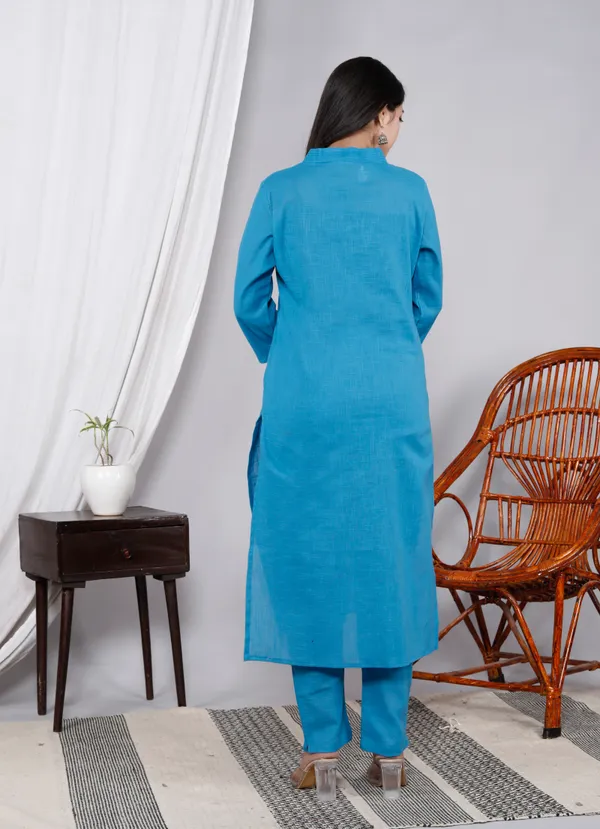 Blue_Slub_Kurta_Pant_Set_For_Women_&_Girls