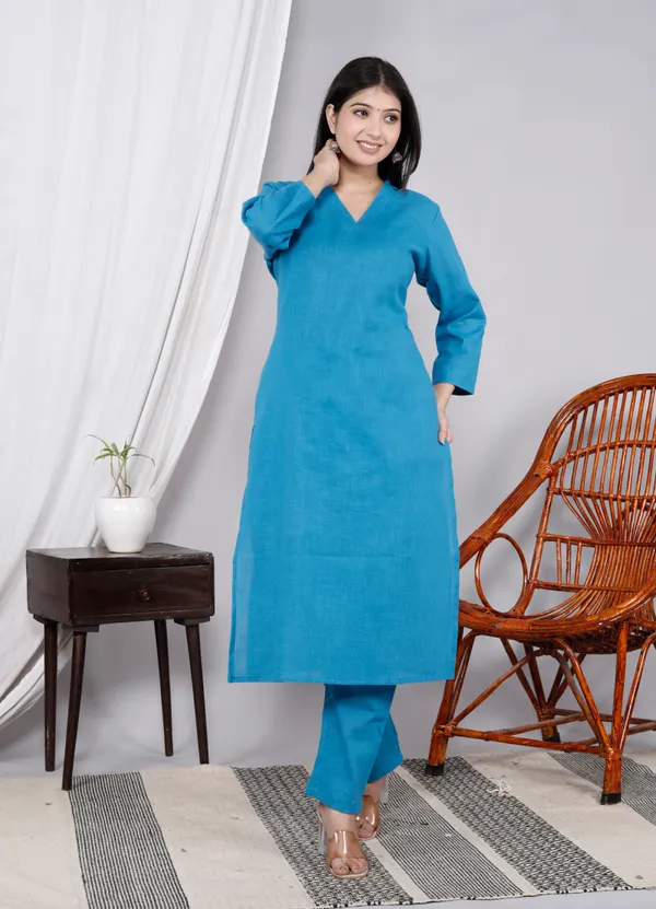 Blue_Slub_Kurta_Pant_Set_For_Women_&_Girls