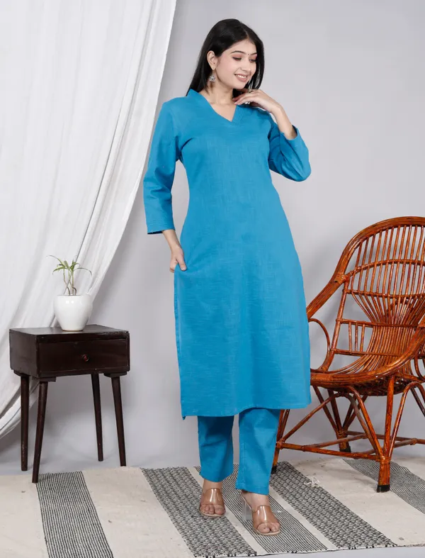 Blue_Slub_Kurta_Pant_Set_For_Women_&_Girls