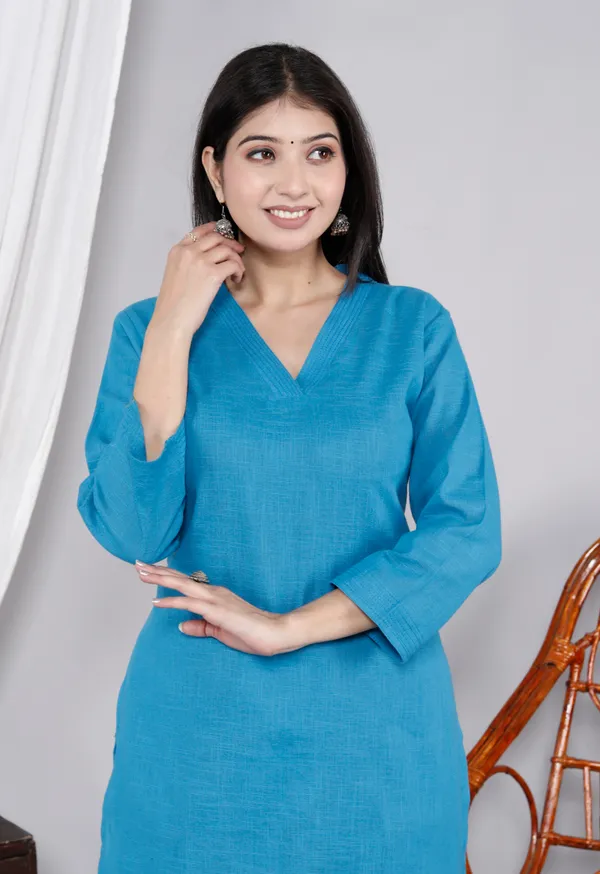 Blue_Slub_Kurta_Pant_Set_For_Women_&_Girls