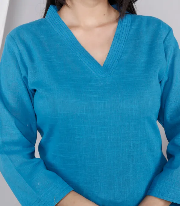 Blue_Slub_Kurta_Pant_Set_For_Women_&_Girls
