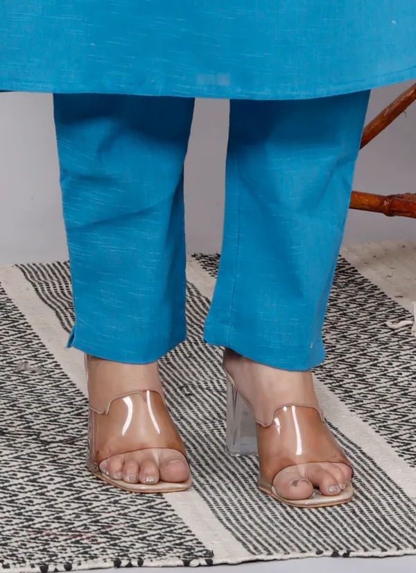 Blue_Slub_Kurta_Pant_Set_For_Women_&_Girls