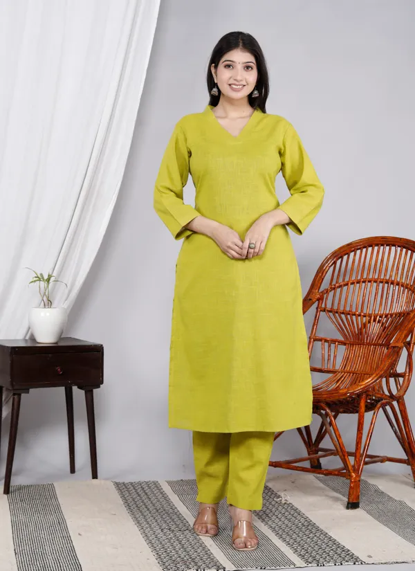 Yellow_Slub_Kurta_Pant_Set_For_Women_&_Girlss