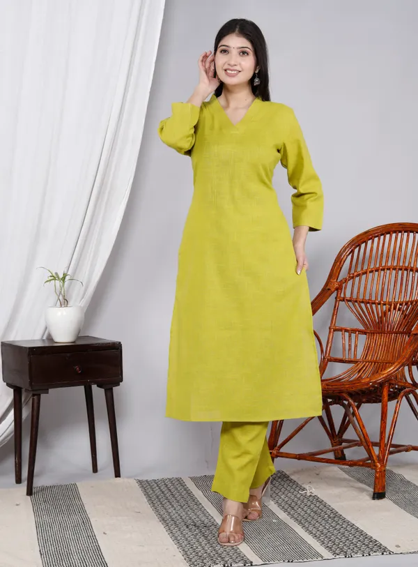 Yellow_Slub_Kurta_Pant_Set_For_Women_&_Girlss
