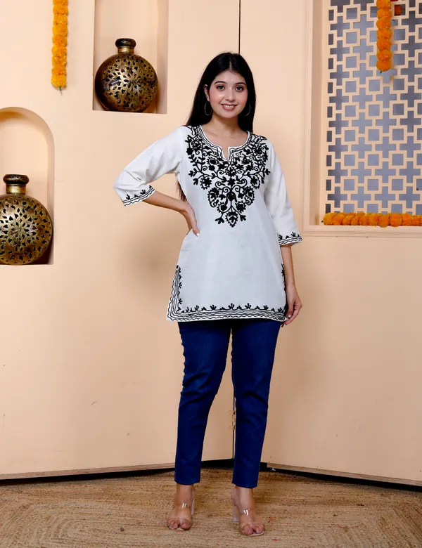 White_Embroidery_Top/Short_Kurti_For_Women