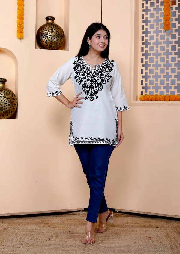 White_Embroidery_Top/Short_Kurti_For_Women