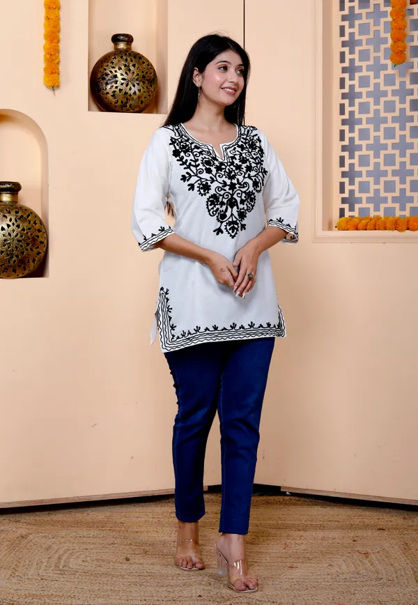 White_Embroidery_Top/Short_Kurti_For_Women