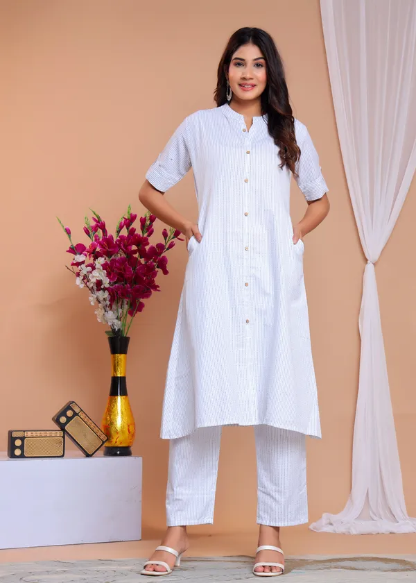 White_Khadi_Cotton_Ethnic_Kurta_And_Pant_Set_For_Women
