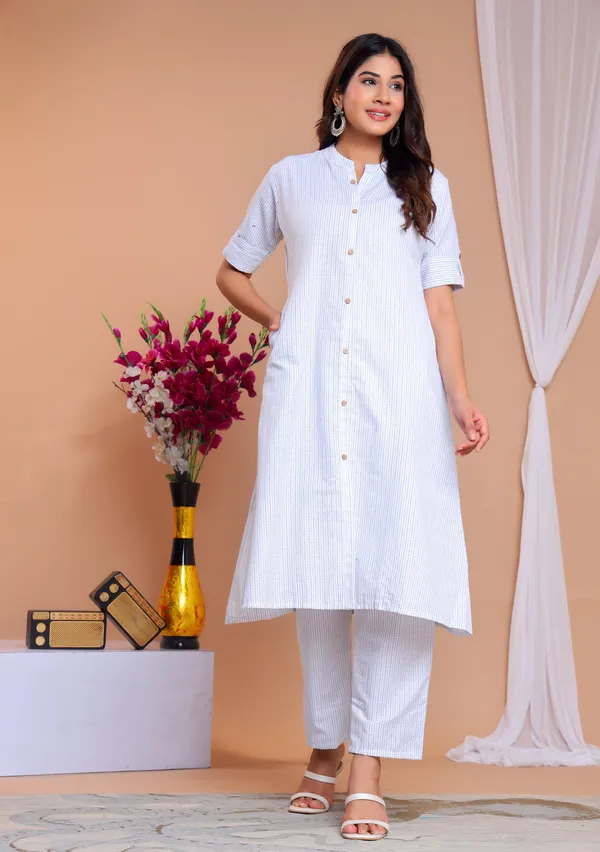 White_Khadi_Cotton_Ethnic_Kurta_And_Pant_Set_For_Women